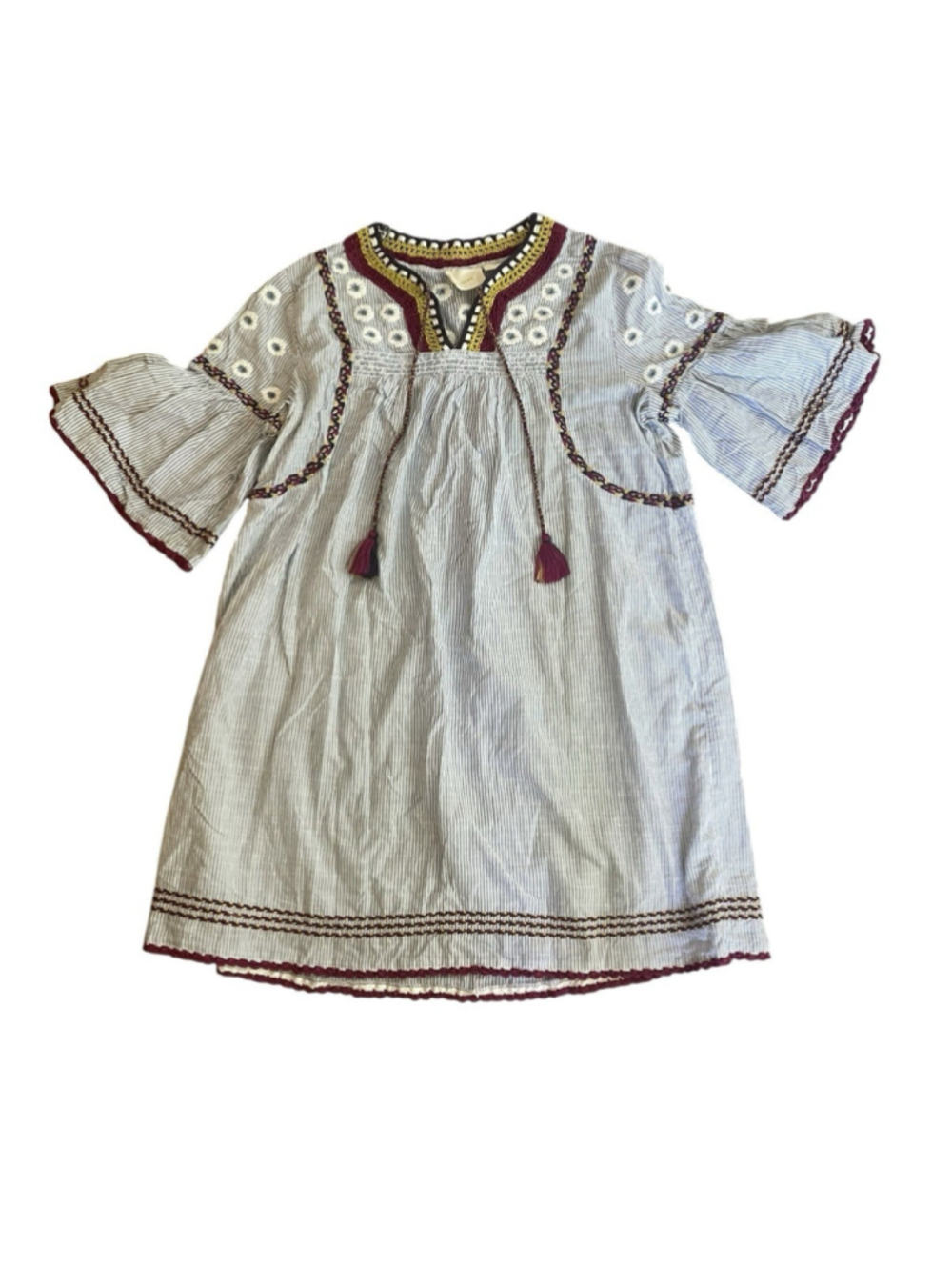 Maeve Anthropologie Yarn Embellished Crochet Embroidered Blue Stripe Dress Sz S
